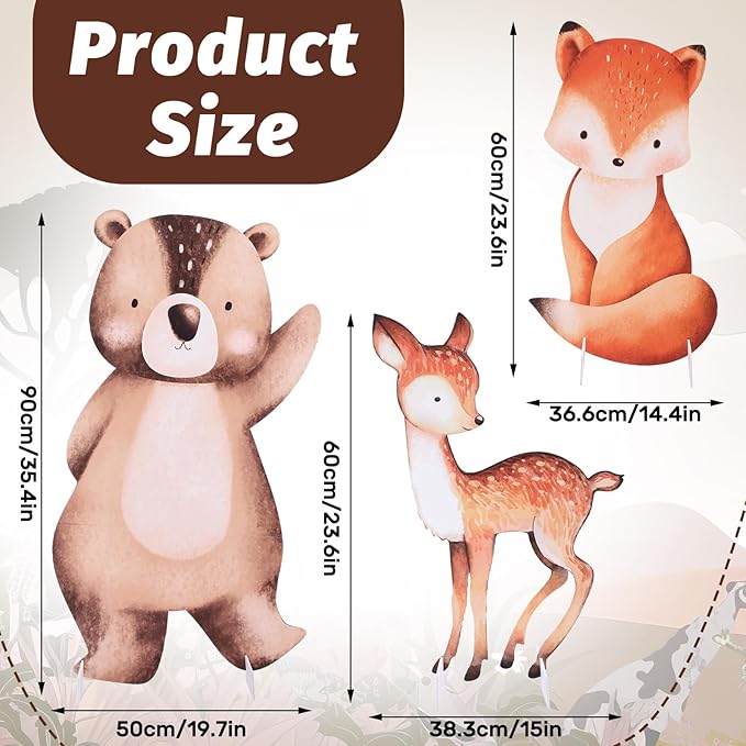 Leinuosen 3 Pcs Large Woodland Animals Baby Shower Decorations Set 23-35 Inch Woodland Party Stand Decoration Bear Fox Deer Cardboard Cutouts Forest Theme Photo Booth Prop for Nursery Birthday Party