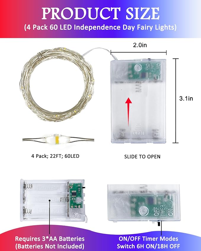 4 Pack 20FT 60LED Red White and Blue Battery Operated Fairy Lights with Timer, 4th of July Battery String Lights Waterproof Outdoor Indoor, Battery Twinkle Lights Independence Day Memorial Day Decor