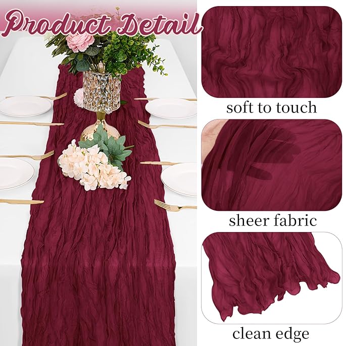 8 Pack Burgundy Cheesecloth Table Runners 20x120 Inch Gauze Table Runner 10FT Easter Cheese Cloth Table Runner Rustic Sheer Runner for Wedding Baby Shower Birthday Party Table Decor