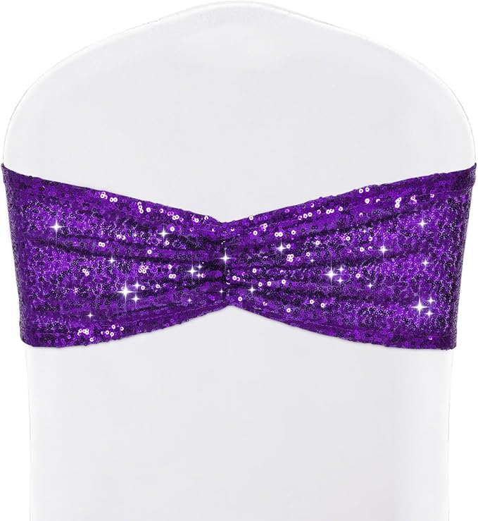 SquarePie Pack of 20 Sequin Chair Sashes Bows Purple Shiny Chair Covers Bands for Wedding Banquet Party Decor