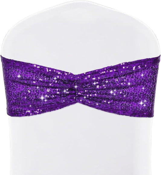 SquarePie Sequin Chair Sashes Bows 10 Pack Purple Shiny Chair Cover Bands for Wedding Banquet Party Decor
