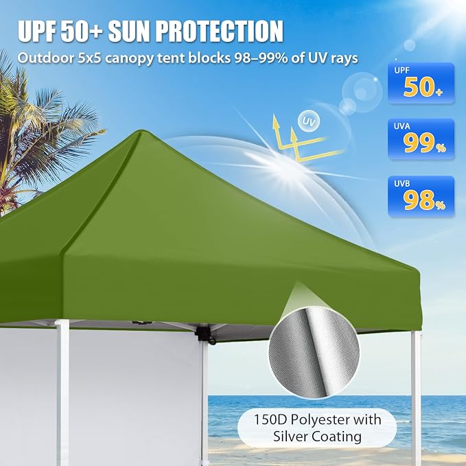 EAGLE PEAK Pop up Canopy 5x5, Outdoor Portable Canopy Tent with One Removable Sunwall, Carry Bag Included, Grass Green