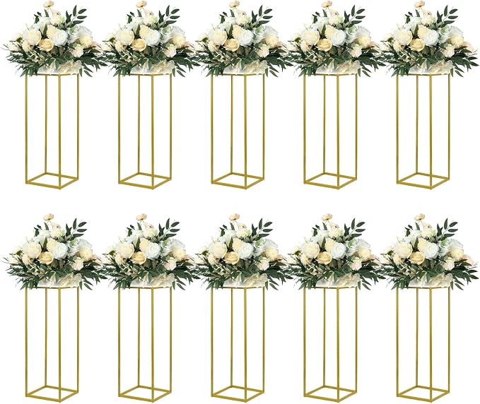 YALLOVE 10 Pack 23.75 Inch Gold Wedding Flower Stand Metal Vase Column Stand Geometric Centerpiece Vase for Home Party Wedding Decorations, Rectangular Flower Display Rack