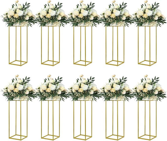 YALLOVE 10 Pack 23.75 Inch Gold Wedding Flower Stand Metal Vase Column Stand Geometric Centerpiece Vase for Home Party Wedding Decorations, Rectangular Flower Display Rack