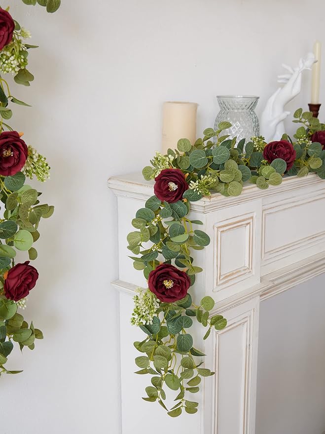 PARTY JOY 6.5 ft Eucalyptus Garland with Flowers, Floral Greenery for Party Wedding Table Indoor Outdoor Backdrop Wall Decor (Red,1)