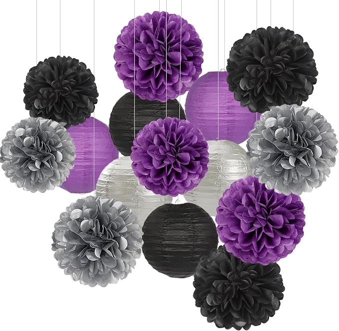 Purple-Black Silver Party-Decorations Paper-Flowers Lanterns - 15pc Lavender Birthday Graduation Tissue Pom Poms Streamers,Bachelorette Bridal Baby Shower Engagement Wedding Halloween Decor Panduola