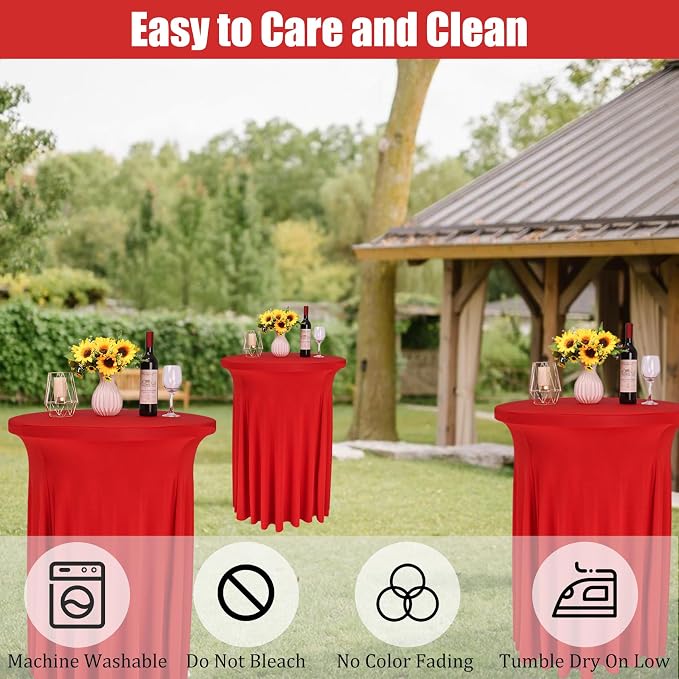 Fivenl 6 Pack Round Cocktail Tablecloth 32"x 43" Spandex Cocktail Table Skirt, Washable Stretch Fitted Table Covers for High Top Bar,Wedding,Party,Events (Red)