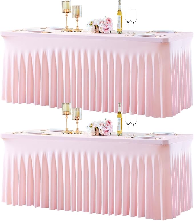 2 Pack Pink Spandex Tablecloths for Rectangle Tables 6 Foot Pink Stretch Table Cloth Rectangle 6ft Elastic Fitted Table Cover with Skirt for Wedding Baby Shower Girl Birthday Party Banquet Buffet