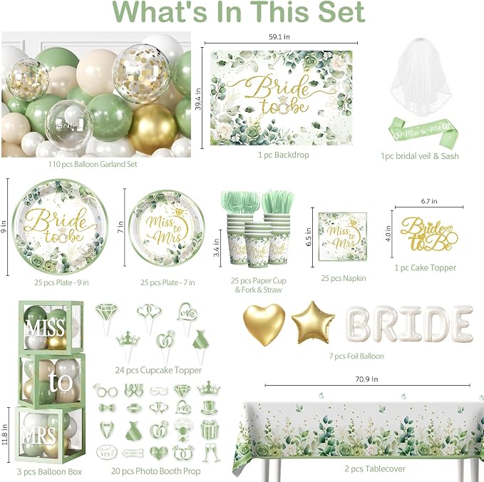 cocomigo 320 PCS Sage Green Bridal Shower Decorations, Hassle-Free One-Stop Set for 25 Guests, With Bride to Be Balloon, Backdrop, Plates and Napkins, Easy Setup for Female Bridal Shower
