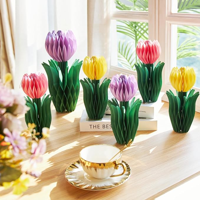 SUNBEAUTY Flower Honeycomb Decor Tulips Table Centerpieces Spring Decoration for Home Office Paper Flower Tulip Honeycomb Decor for Garden Party Mothers Day Decoration Easter Party Birthday Tea Party