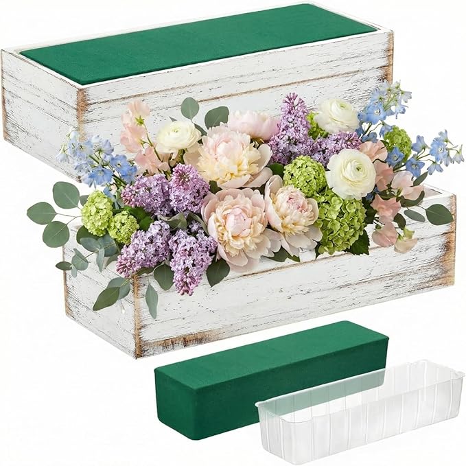 Dandat 4 Set Wood Boxes for Centerpieces 12x4 Inch Rectangle Wooden Planter Box Rustic Wooden Planters with Removable Plastic Liner Floral Foam Blocks for Christmas Wedding Home Garden Decor(White)