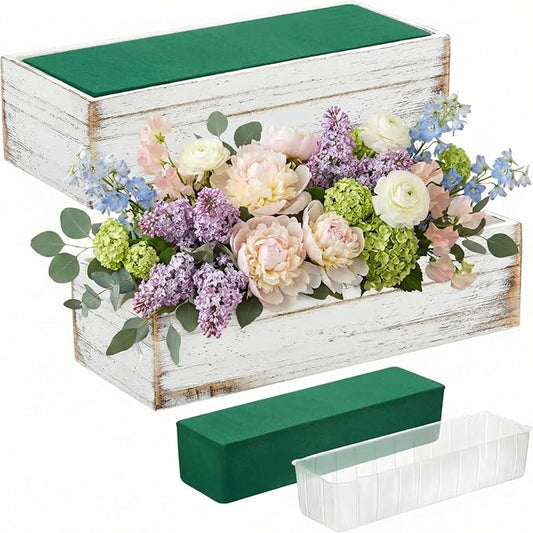 Dandat 4 Set Wood Boxes for Centerpieces 12x4 Inch Rectangle Wooden Planter Box Rustic Wooden Planters with Removable Plastic Liner Floral Foam Blocks for Christmas Wedding Home Garden Decor(White)
