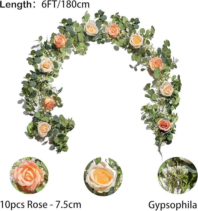 6FT Artificial Eucalyptus Garland with 10 Pink Roses and Baby Breath Flower Greenery Garland for Table Centerpiece Party Wedding Decor Indoor Outdoor Backdrop Wall Decorations