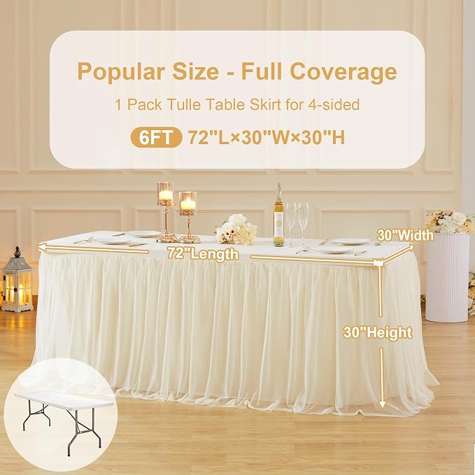 Champagne Tablecloth for 6 Foot Rectangle Tables with Tulle Table Skirt, Party Table Cloths Ruffle Tutu Table Skirt Stretch Fitted Table Covers for Baby Shower Wedding Bridal Shower Birthday Reception