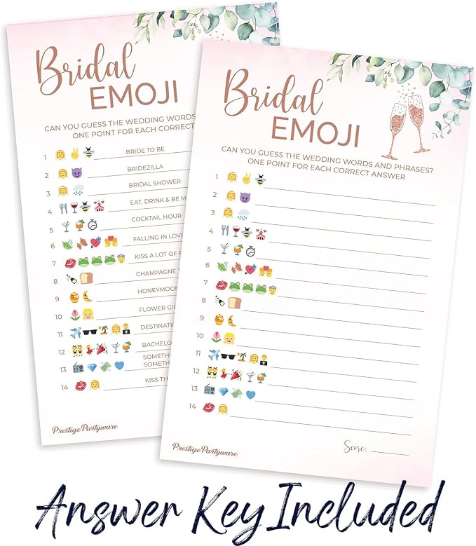 Bridal Shower Games (50 Guests / 2 Games) - Bridal Bingo & Emoji Game Set for Wedding Showers