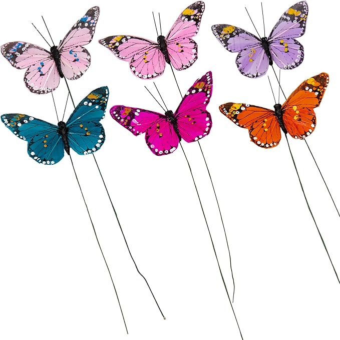 Berfutall- Feather Butterfly Decorations Set of 12 Vibrant Multi Colored Craft Butterflies on Clip .Party Spring Home Decor Floral Pics…… (A Wire)