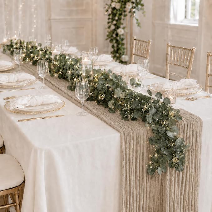 Cinrobiye 11pcs Cheesecloth Table Runner Set 120 Inch – Gauze Table Runner with Napkins, Eucalyptus Garland & String Lights for Wedding Baby Shower Table Decor, Rustic Boho