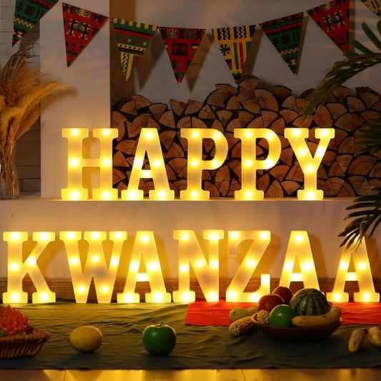 Aurelema 11 Pcs Happy Kwanzaa Large LED Letter Sign LED Lights Battery Powered Table Decorations for Party Favor Light Centerpiece Tabletop Decoration