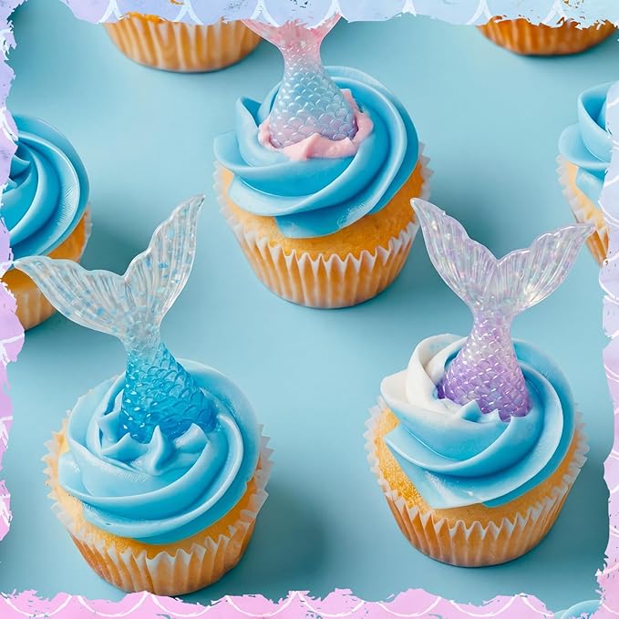 Kenning 48 Pcs Glittering Mermaid Tails Cupcake Ring Toppers Resin Cake Decoration Under the Sea Birthday Party Mermaid Birthday Cake Decor Baby Shower Princess Baby Shower Sea Party Supplies