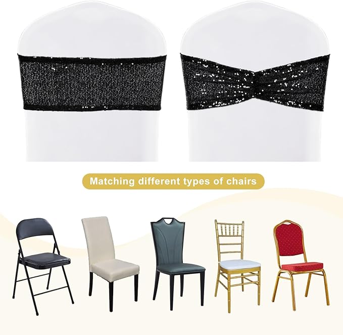 SquarePie Pack of 10 Sequin Chair Sashes Glitter Black Bows Bands for Wedding Banquet Party Decor