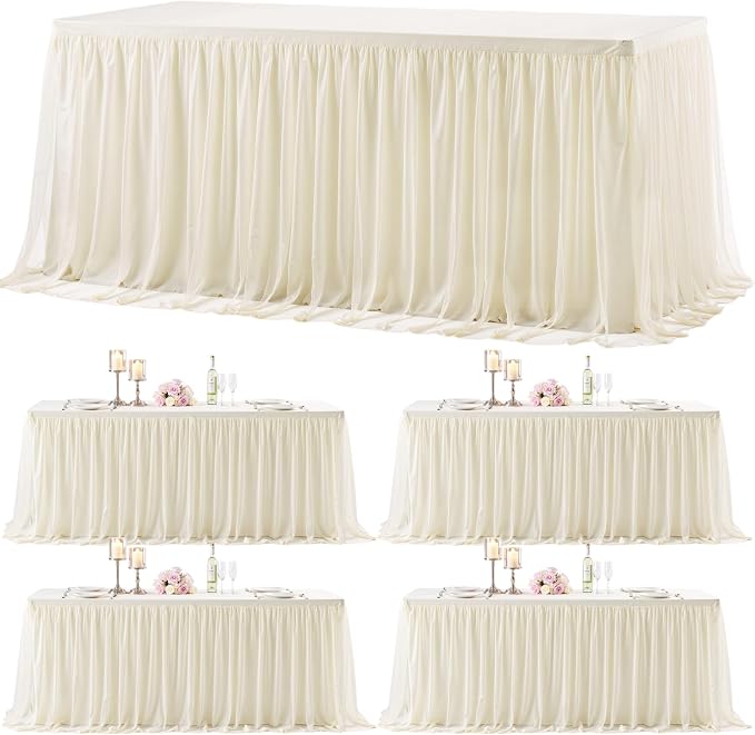 4 Pack 6ft Ivory Tulle Tablecloths for Rectangle Tables 6 Foot Ivory Rectangular Table Cloth Wrinkle Free Table Cover with Tutu Skirt for Wedding Baby Shower Birthday Party Banquet Buffet Cake