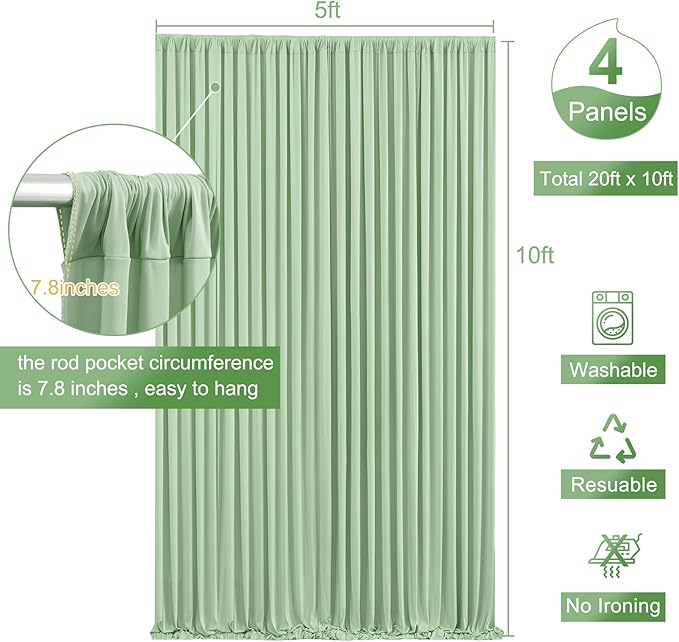 4 Panels Sage Green Backdrop Curtain for Parties Wrinkle Free Dark Green Photo Curtains Backdrop Drapes Fabric Decoration for Baby Shower Birthday Party Photography 20ft(W) x 10ft(H)