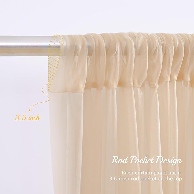 10x10ft Champagne Tulle Backdrop Curtain with Lights String for Parites, Sheer Backdrop Curtains for Wedding Baby Shower Birthday Party Photo Shoot Decorations