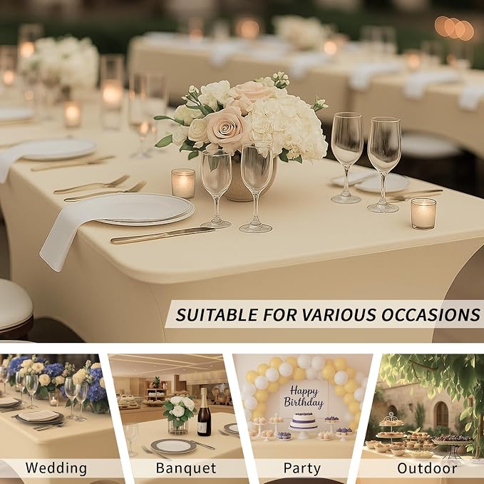 Fixwal 3 Pack Champagne Tablecloth Rectangle 6Ft, Stretch Spandex Fitted Table Cover for Party, Trade Show, Wedding, Buffet, Graduation, Vendor Stand