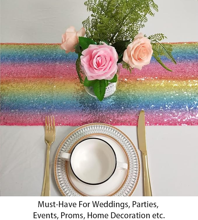ShinyBeauty Rainbow Table Runners - Pack of 10, 12x108-Inches, Sequin Glitter Fabric Covers for Rectangle & Round Tables, Christmas & Birthday Decor