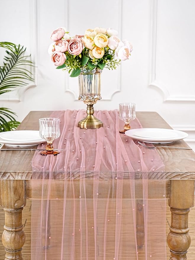 Pink Pearl Table Runner Wedding Decor: 10ft Pearl Table Runners 29x120 Inch 12-Packs Lace Chiffon Fabric for Baby Shower Decor Birthday Party Dining Table Indoor Outdoor (Dusty Pink)
