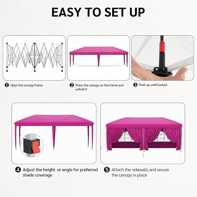 KIGOTY 10x20 FT Portable Pop Up Canopy Tent, Adjustable Height Instant Gazebo with Sidewalls, Sandbags, Waterproof Outdoor Canopy for Camping, Parties, Vendor Events (Pink, 3m × 6m with sidewalls)