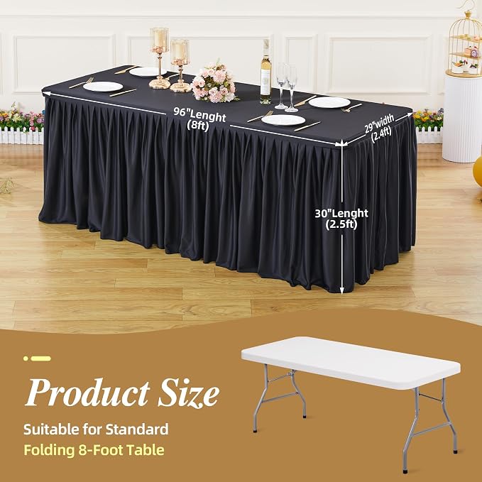 PARTISKY 1 Pack Black Tablecloths for Rectangle Tables 8ft, Wrinkle Resistant Black Table Cover Fitted Stretch Table Cloth with Pleated Ruffle Skirts for Party Banquet Dining Birthday Wedding