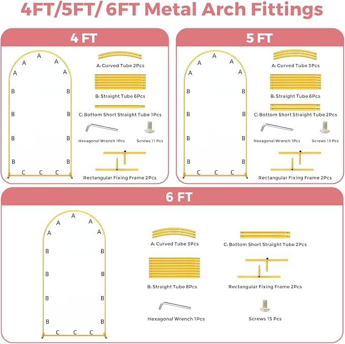 Metal Arch Backdrop Stand, 6FT+5FT+4FT Wedding Arch Frame, Gold Wedding Arch Backdrop Stand Set of 3, Balloon Arch Backdrop for Wedding Birthday Party Baby Shower Graduation Ceremony Decor