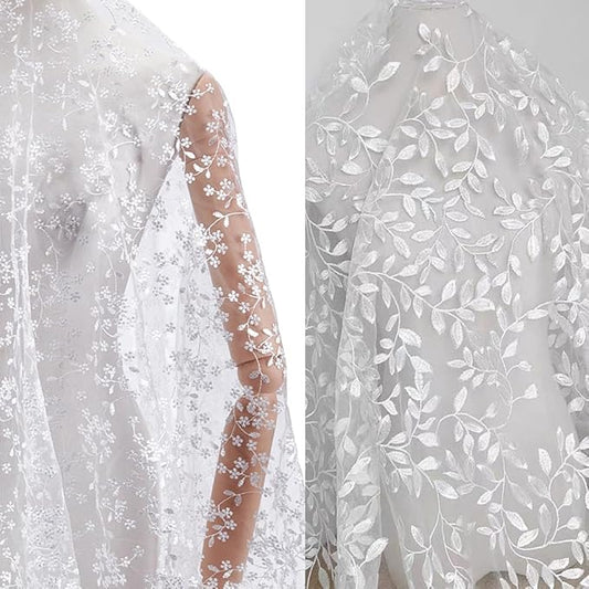 MAYJOYDIY Vintage Branch Leaves Mesh Lace Fabric Wide Light Ivory Embroidery Tulle French Sewing Lace Trim Fabrics for DIY Crafts Wedding Party Dresses Curtains Home Decoration