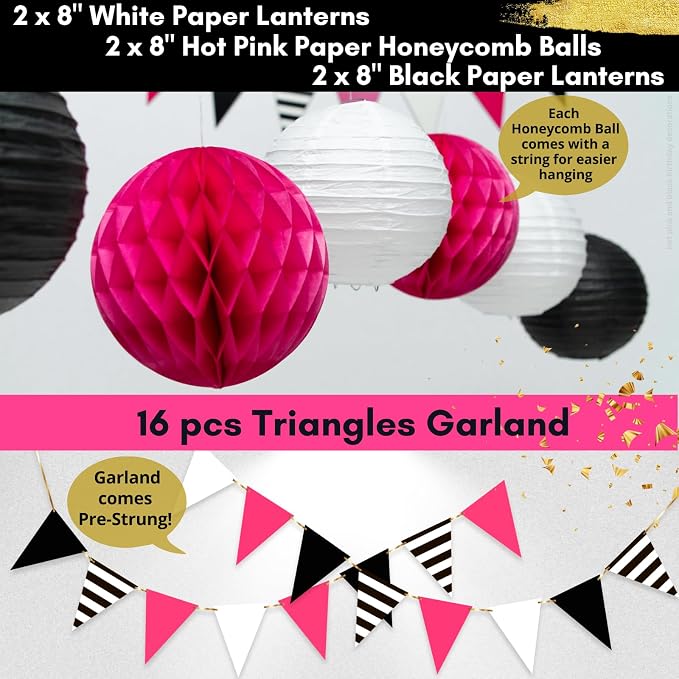 RainMeadow Pink Birthday Decorations for Women, Hot Pink and Black Party Decorations Kit, Happy Birthday Banner, Balloons, Paper Fans, Cake Topper, Sash, Pre-Strung for Girls & 40th 50th Milestones