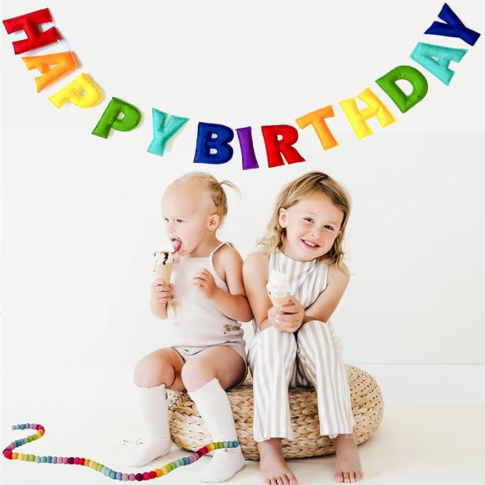 Pre-Strung Happy Birthday Banner - Felt Ball Garland, Rainbow Party Decorations, HAPPY BIRTHDAY Garland, Personalized Birthday Sign for Birthday Decor, Party Decor, Photo Prop (Rainbow Themed Happy Birthday Banner)