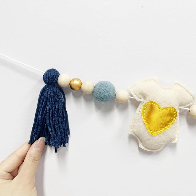 Dusty Blue Gold Baby Clothes Decoration Pre-Strung Handmade Felt Baby Clothes Wooden Bead Wool Felt Ball Garland Banner for Sweet Boy It's a Boy Baby Shower Party Nursery Fireplace Home Wall Decor