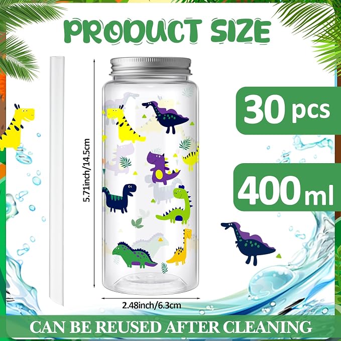 Skylety 30 Pcs Cartoon Dinosaur Plastic Cups with Lids and Straws 13.5 oz Summer Dinosaur Reusable Plastic Tumbler Hawaii Tropical Party Decor for Summer Holiday Women Birthday Party Supplies