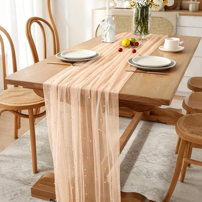 BINBE 6pcs Pearl Table Runner Spring Summer Rustic Boho 10ft Tulle Table Runner for Wedding Veil Holiday Dessert Table Decor Champagne