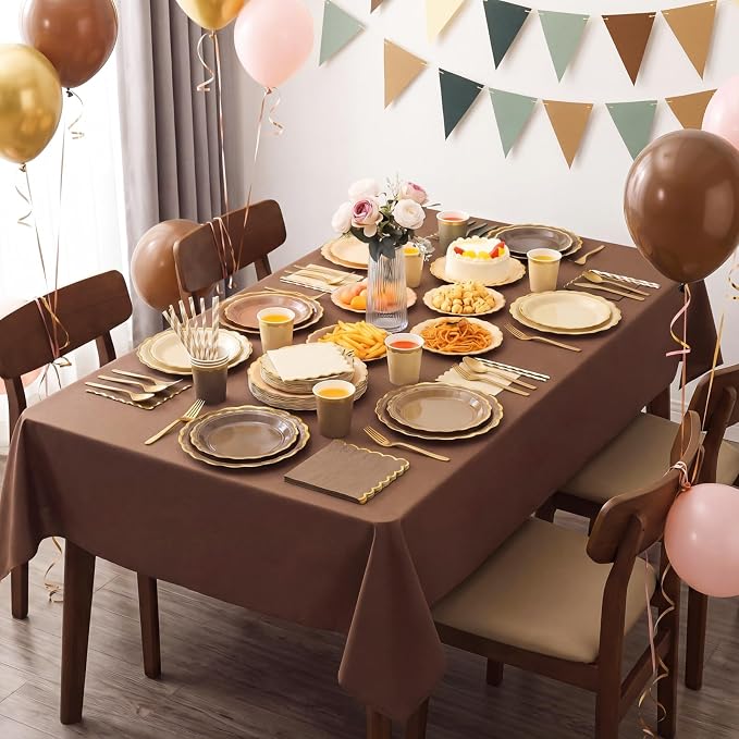 Vesici 452 Pcs Brown Party Supplies Set Gold Rim Disposable Tableware with 9'' 7'' Paper Plates Napkins Tablecloths 9oz Cups Cutlery Straws Neutral Party Decorations for Birthday Wedding Baby Shower