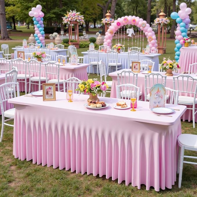 Outpain 6ft Spandex Table Cloth for Standard Folding Tables-4Pack Baby Pink Table Cloth Table Protector for Party, Wedding, Cocktail, Banquet, Festival