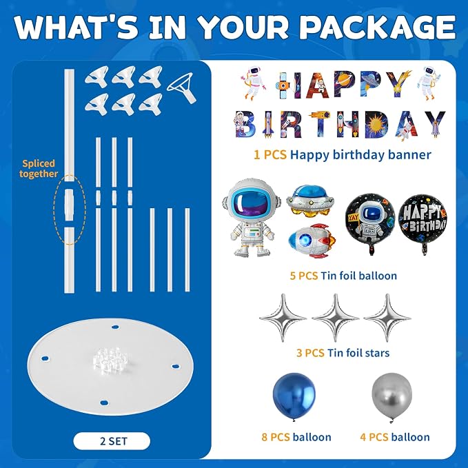 Outer Space Birthday Party Decorations, Space Themed Decor, Spaceship, Rocket, Astronaut Foil Balloon, Happy Birthday Banner, Balloon Stand Kit 2 Sets for Birth day Party Decor Boys