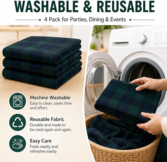 Mindsoft 4 Pack Green Blue Tartan Plaid Tablecloth 60 x 102 Inch for Rectangle Table, Wrinkle Resistant Preppy Table Cover, Ideal for Baby Shower, Birthday Party, Farmhouse Kitchen Dining Home Decor