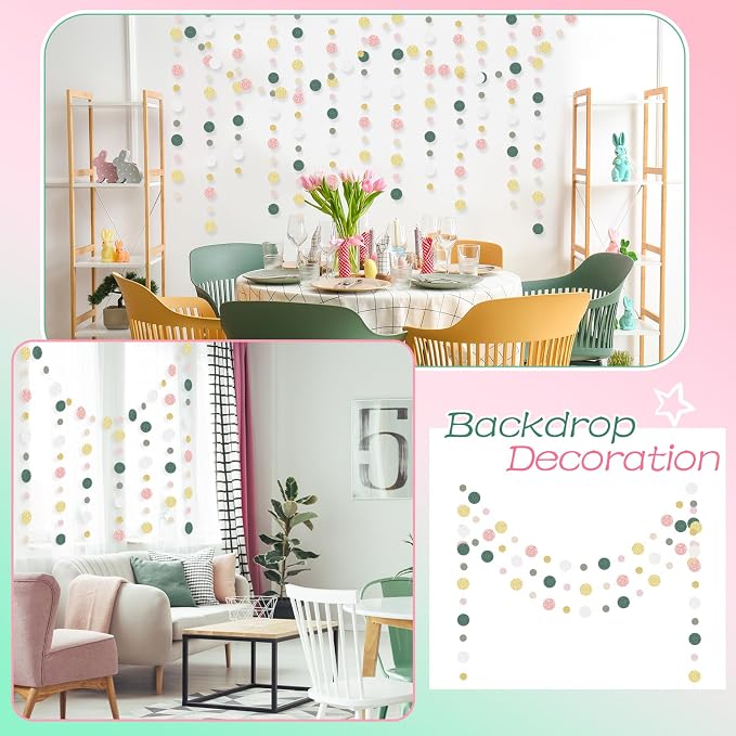 Outus 5 Pieces Colorful Circle Garland Banner Hanging Paper Dot Decorations for Classroom, Birthday Party, Baby Shower, Wedding Backdrop & Photo Booth Graduation Decor (Sage Green,Pink,Gold)