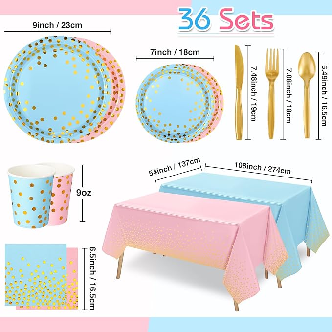 Tegeme Gender Reveal Party Supplies Pink and Blue Gold Dot Paper Plates Napkins and Tablecloths Set with Cups Forks Knives Spoons 256 Pcs Tableware for 36 Guest Baby Shower Birthday Party Decoration