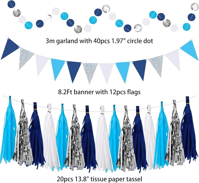 33 Pcs Navy Blue and Silver Party Decorations Kit - Reusable Paper Fans, Pom Poms, Tassel Garland & Banner - Elegant Decor for 2026 Graduation, Birthday, Wedding & Bridal Shower