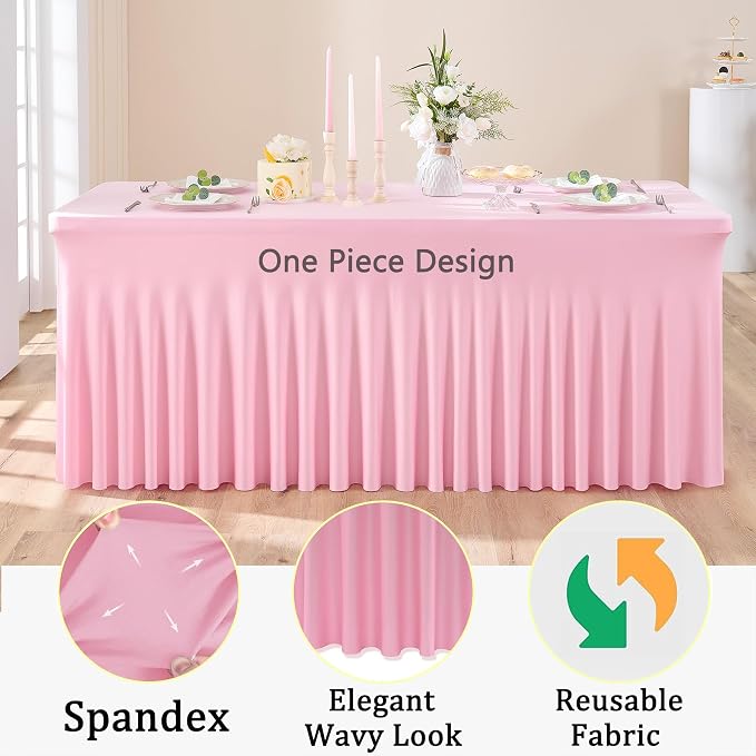 2pk Spandex Table Clothes for 8 Foot Rectangle Tables, Pink Stretch Table Cloth 8ft Fitted Tablecloths Desk Skirt for Parties Weddings Birthday Banquet Baby Shower