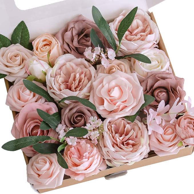 Lookein Artificial Flowers Combo Box for DIY Wedding Bouquets, Centerpieces, Arrangements, Party & Home Decor - Silk and Foam Flowers with Stems, Belle Blush