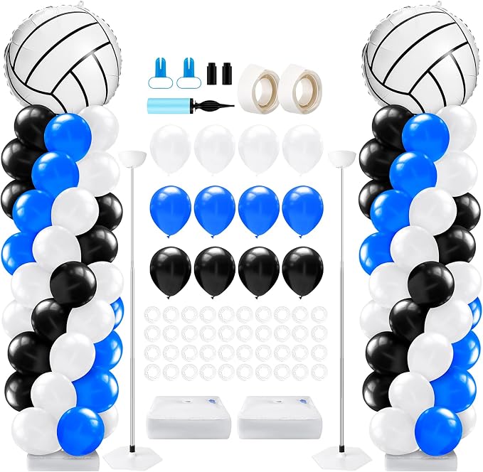 Kasyat 2 Sets Volleyball Balloon Column Stand Kit Blue Black White Volleyball Sports Balloons Adjustable Balloon Arch Stands for Senior Night Decorations Birthday Supplies