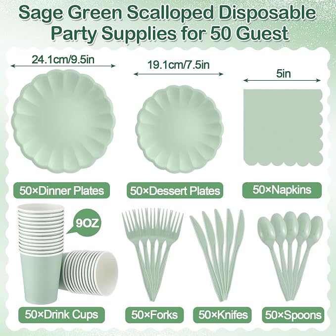 Newtay 350 Pcs Light Green Scalloped Paper Plates Shell Edge Disposable Tableware Cocktail Napkins Cups Plastic Spoons Forks Knives for Wedding Baby Shower Picnic Birthday Party Supply for 50 Guests